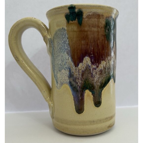 Other - Studio Pottery Mug Tall 5 1/2 inches Drip Glaze Beige Brown Blue Signed Glosssy